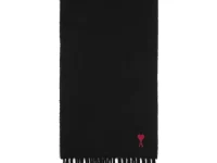 AMI Paris шарф с бахромой Ami De Coeur из шерсти, чёрный
