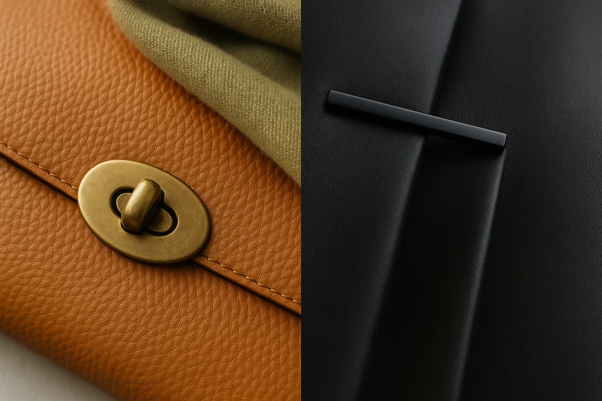 Слева тёплая фактурная кожа с латунной фурнитурой в духе Gucci; справа гладкая чёрная кожа с лаконичной деталью в духе Saint Laurent