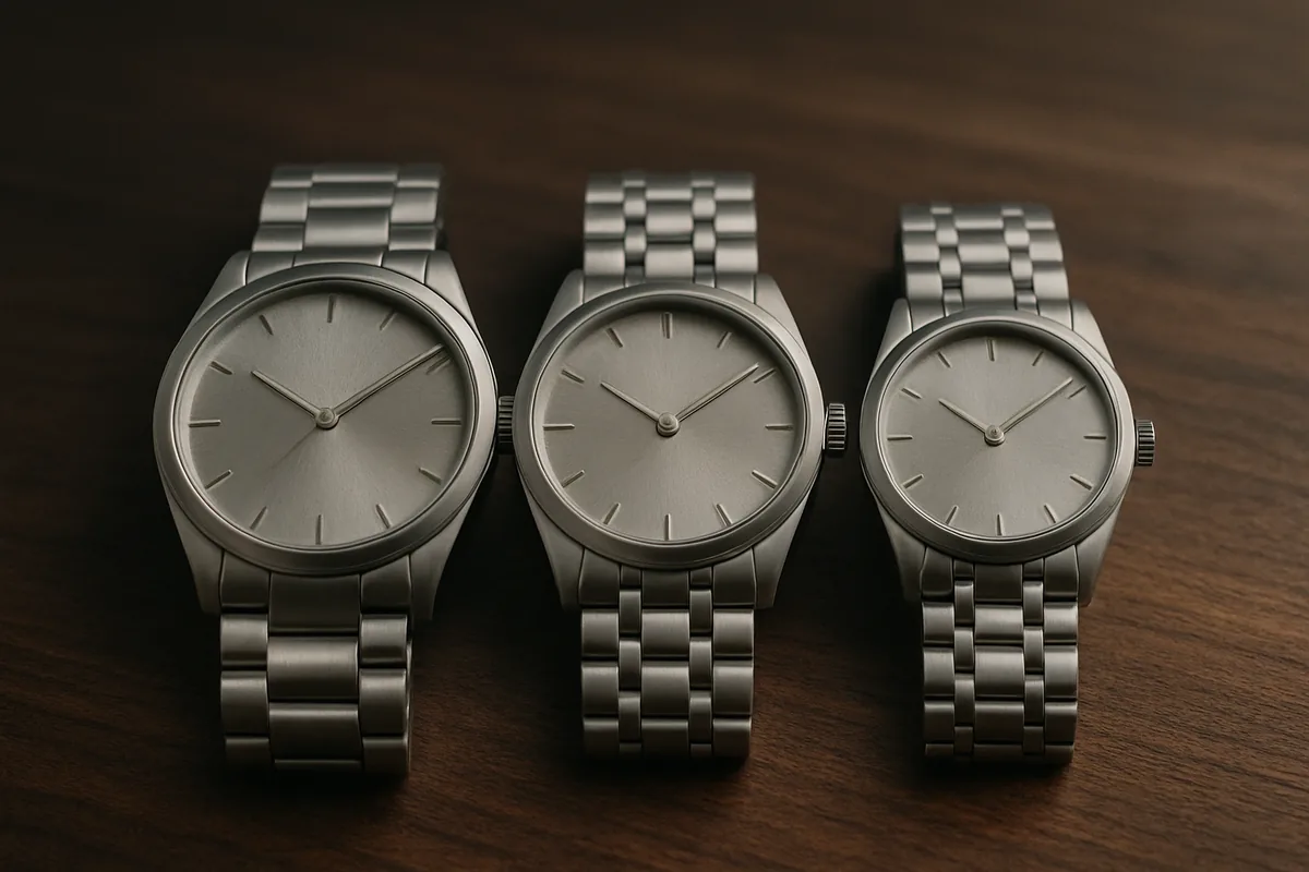 Три стальных механических часов с интегрированными браслетами в ряд — обобщённый люкс-дизайн