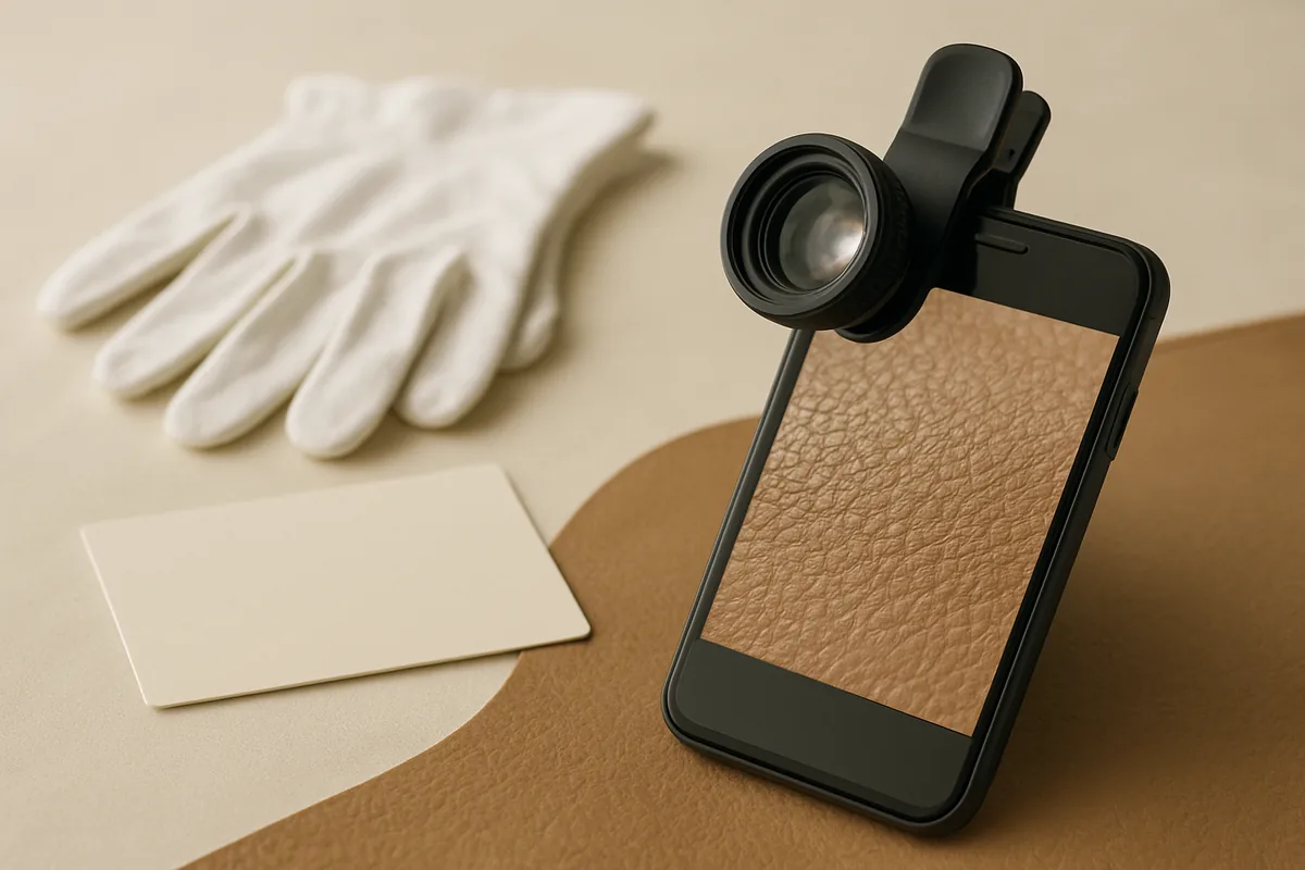 Смартфон с макролинзой фотографирует поверхность кожи, рядом сертификат и перчатки